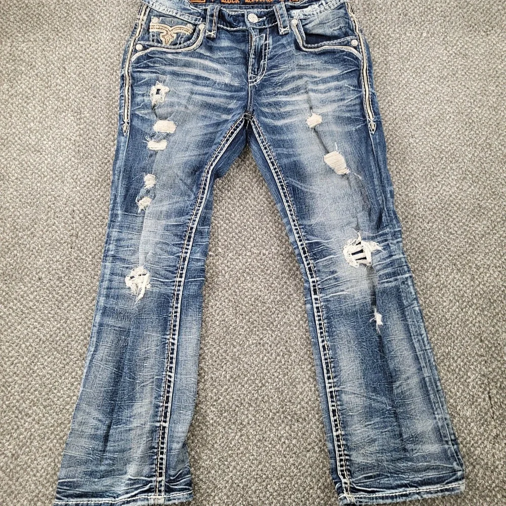 Rock Revival Tristan Bootcut Jeans Mens 33 Distressed Embroidered Blue Denim
